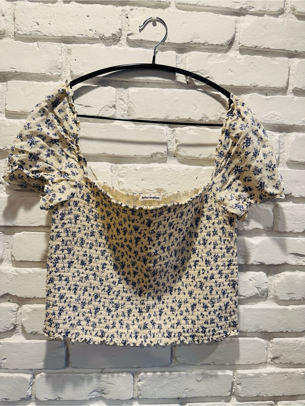 Reformation Cream and Blue Floral Smocked Puff-Sleeve Crop Top